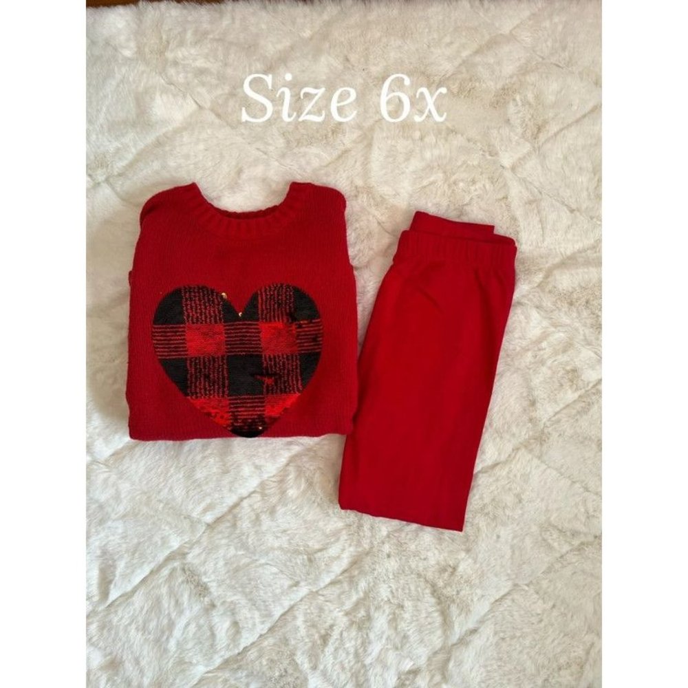 Girls Red Heart Sweater & Leggings Outfit Set Size 6X Cute Winter Outfit